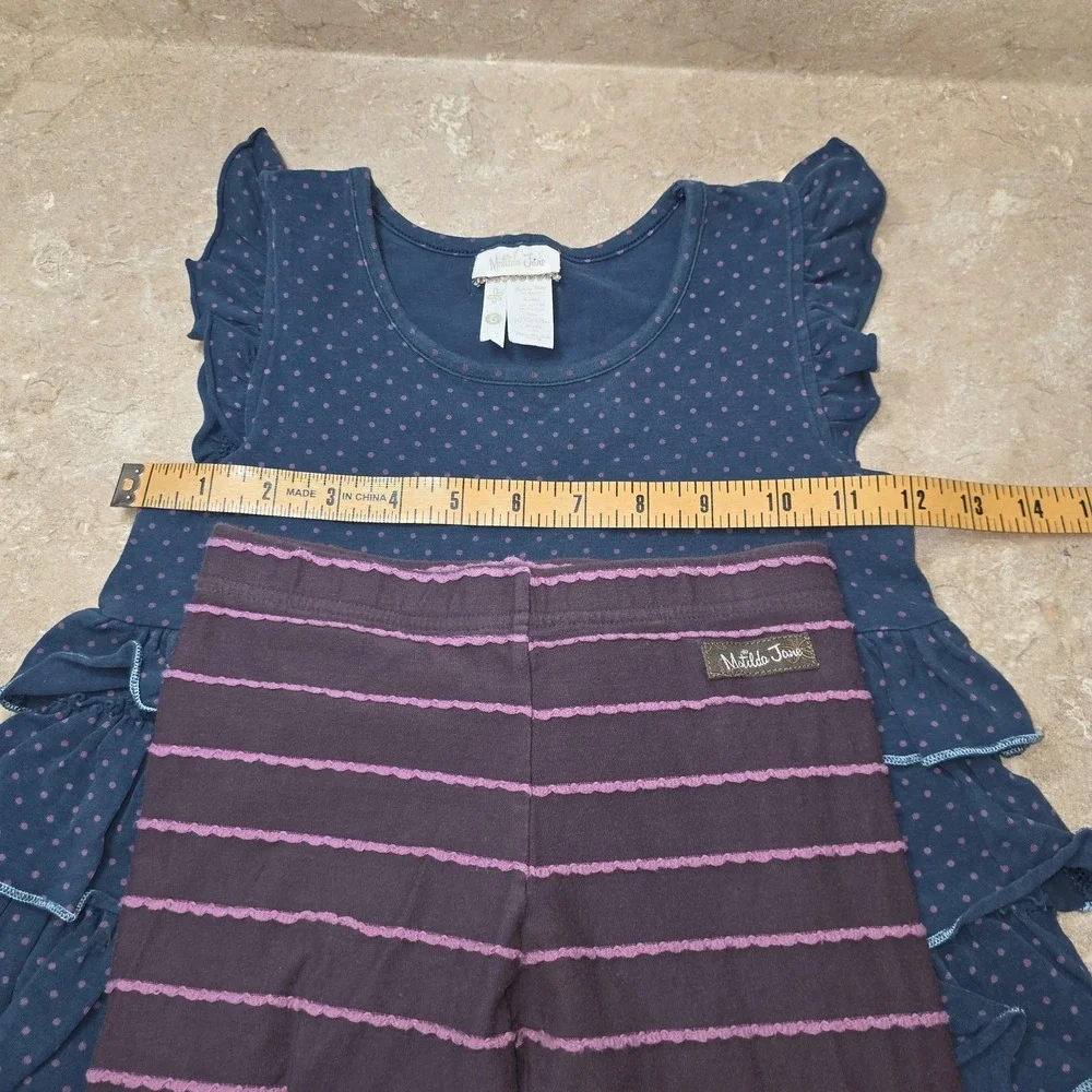 Matilda‎ Jane Outfit Girls 6 Blue Dot Ruffle Tunic Purple Stripe Leggings Set